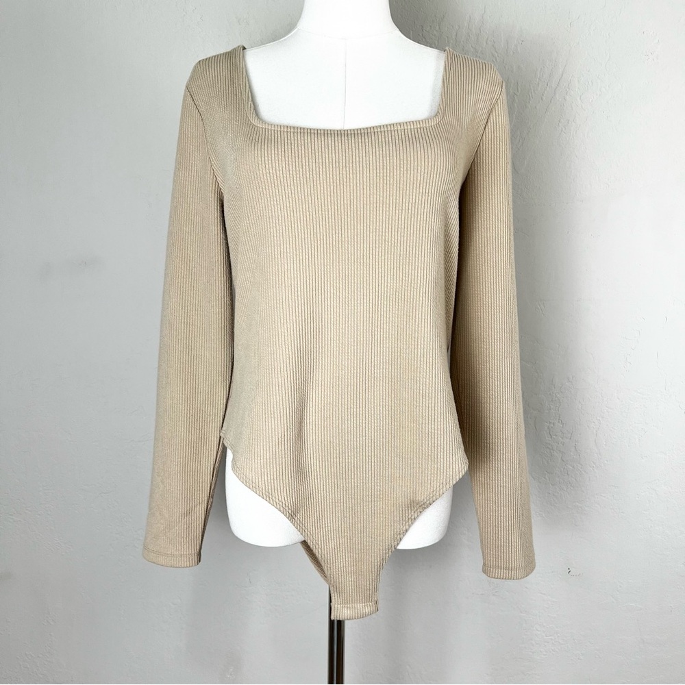 A New Day Beige‎ Long Sleeve Bodysuit Square Neck Ribbed Knit Top Size XL